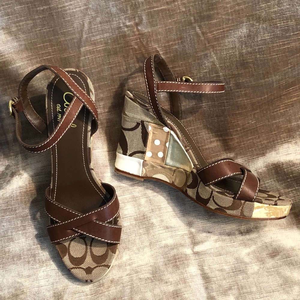 Very Rare!!! Coach Alina Patchwork & Brown Leather Wedge Sandals